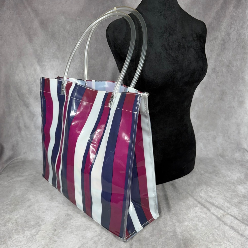 Vtg Striped Vinyl Tote Bag Shoulder Handbag Lg Purple Blue White Y2K 90s Beach